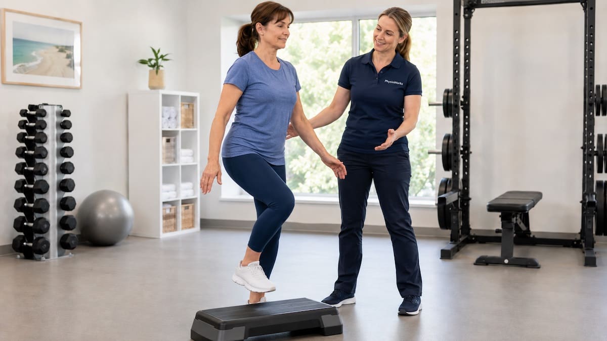 Perimenopause physiotherapy step balance training for strength and falls confidence