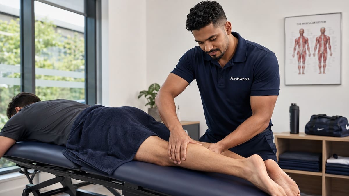 Post-event recovery massage treating calf tightness after sport