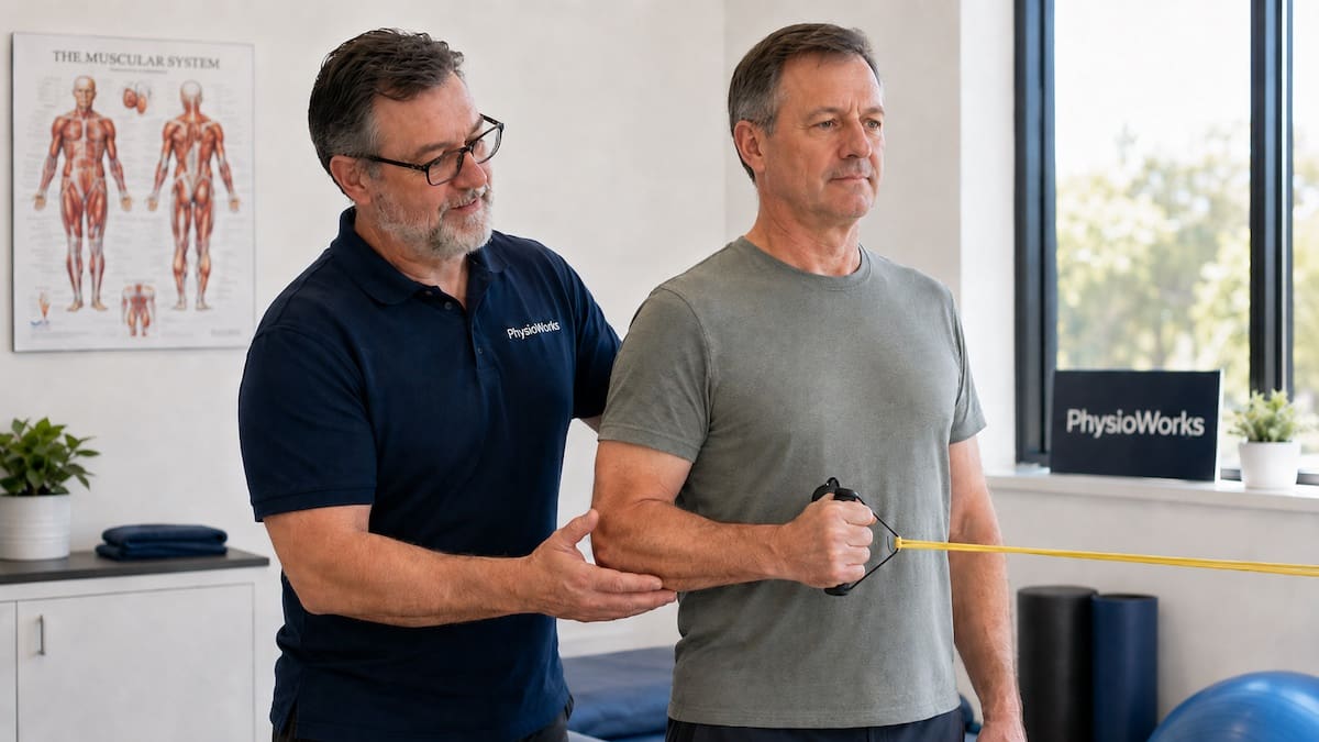 Post-operative shoulder physiotherapy band strengthening for rotator cuff control