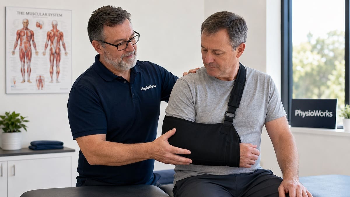 Post-operative shoulder physiotherapy sling assessment guiding safe shoulder surgery rehab