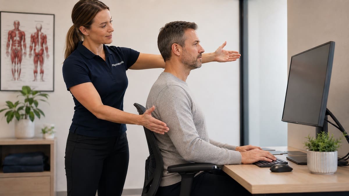 Physiotherapist reviewing screen height and workstation setup at a desk