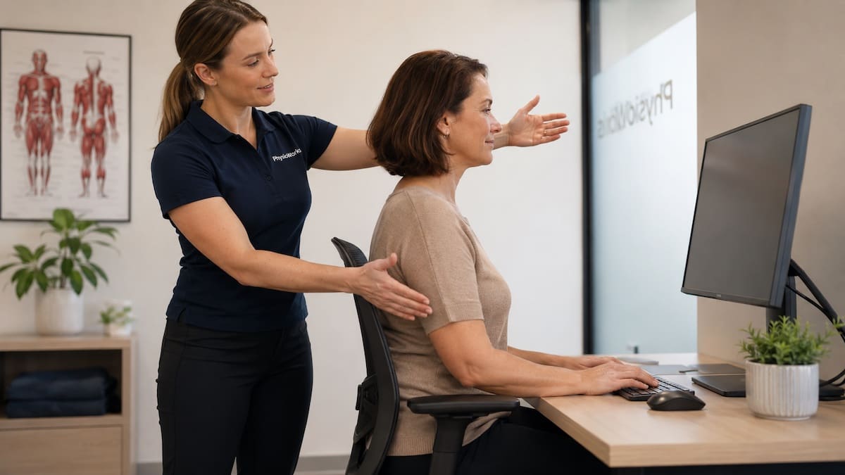 Physiotherapist reviewing seated desk posture and workstation setup