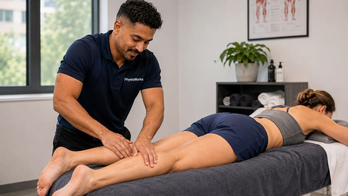Massage therapist using controlled calf pressure before competition