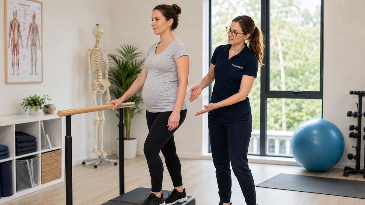 Pregnancy back pain pelvic girdle control exercise with physiotherapist
