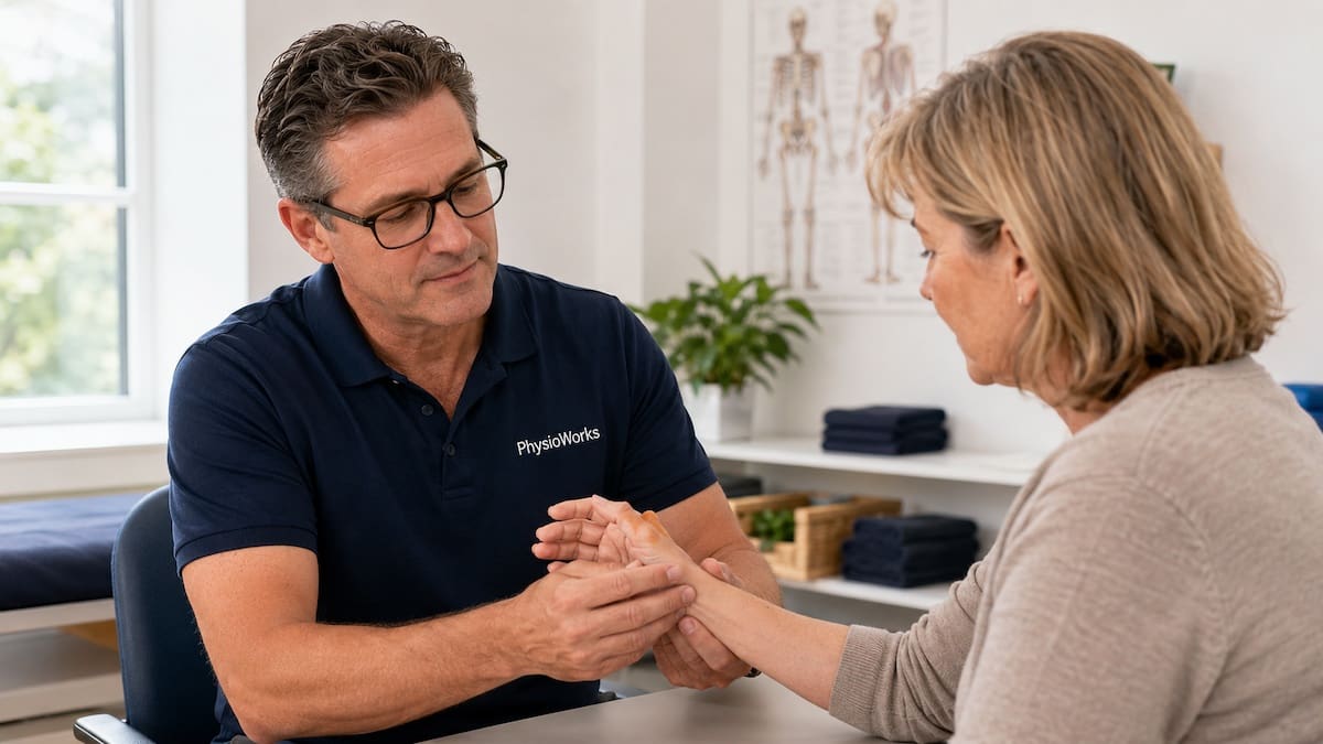 Rheumatoid arthritis physiotherapy hand and wrist assessment with patient guidance