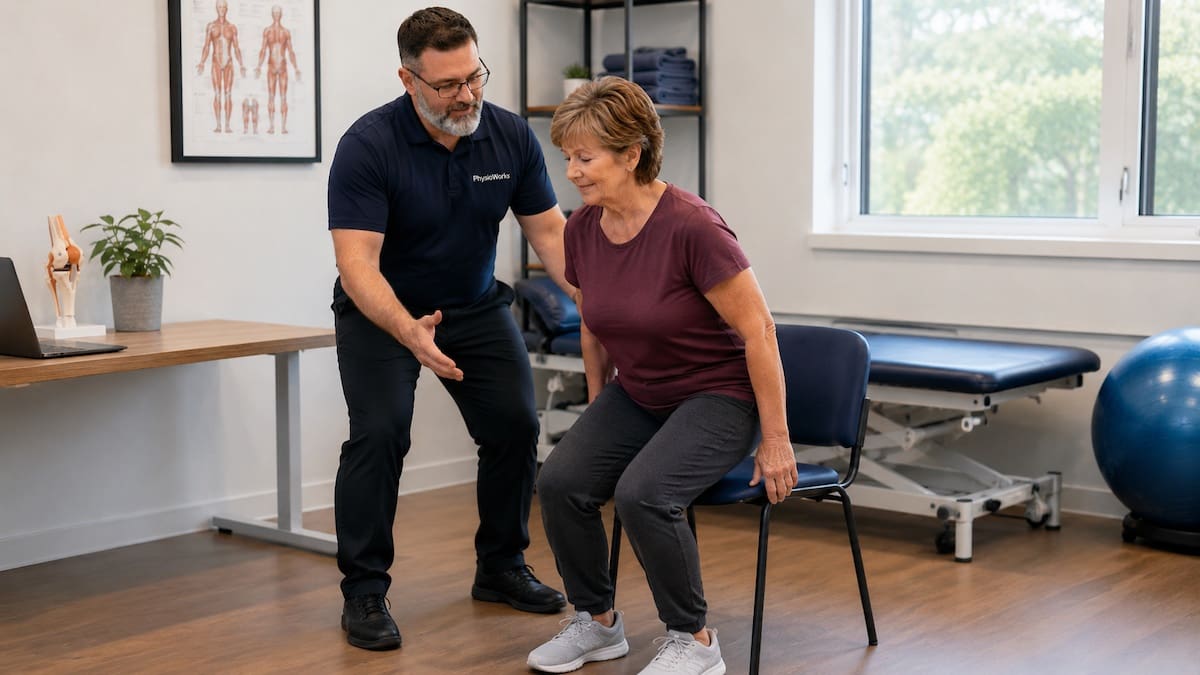 Rheumatology physiotherapist coaching sit-to-stand exercise for arthritis strength
