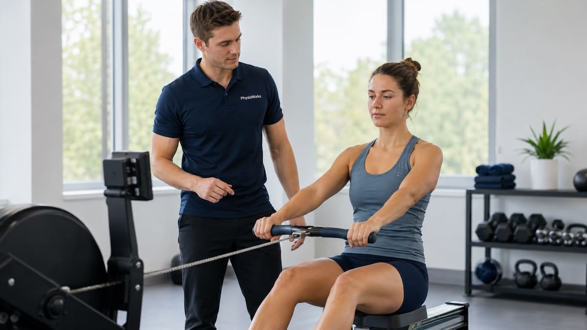 physiotherapist supervising a graded return to rowing after rib stress fracture