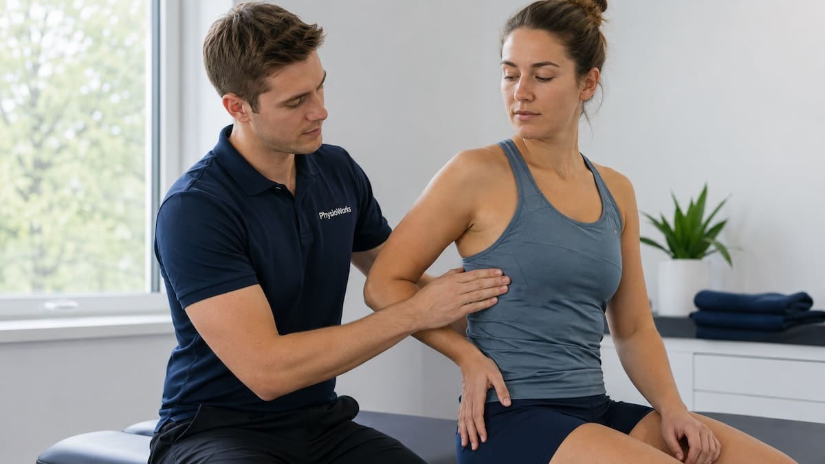 physiotherapist assessing a focal rib stress fracture in a female rower