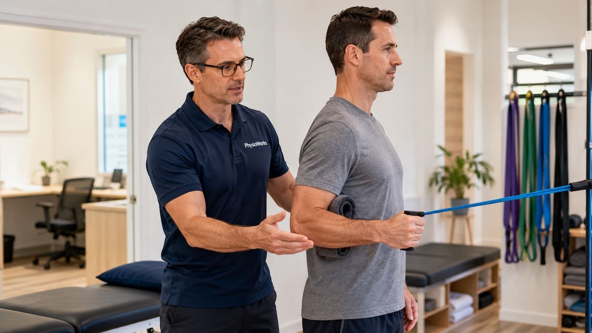 Rotator cuff exercise using band external rotation for shoulder control