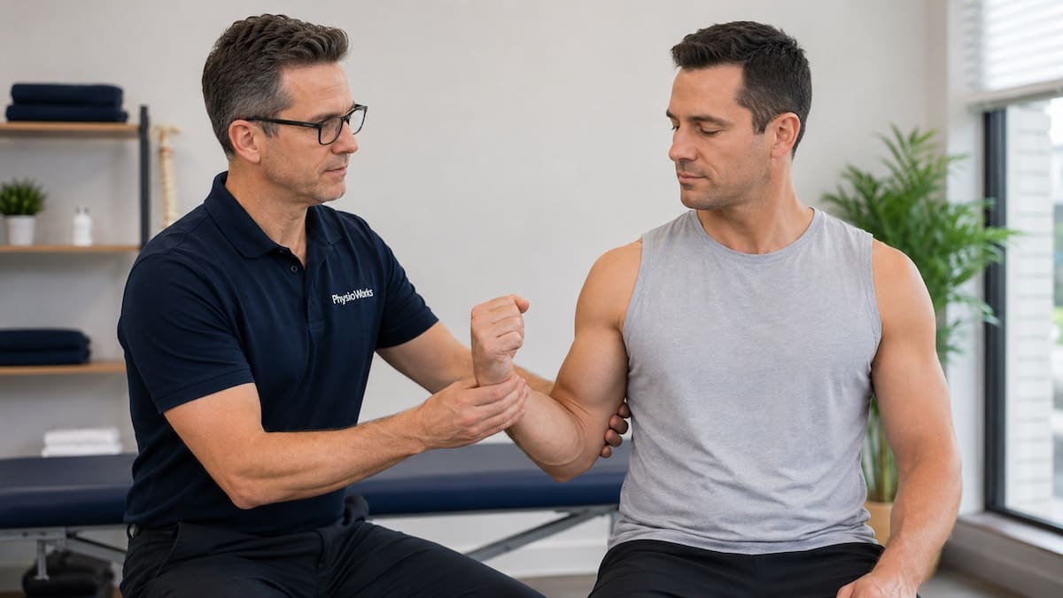 Physiotherapist assessing rotator cuff strength with resisted shoulder external rotation