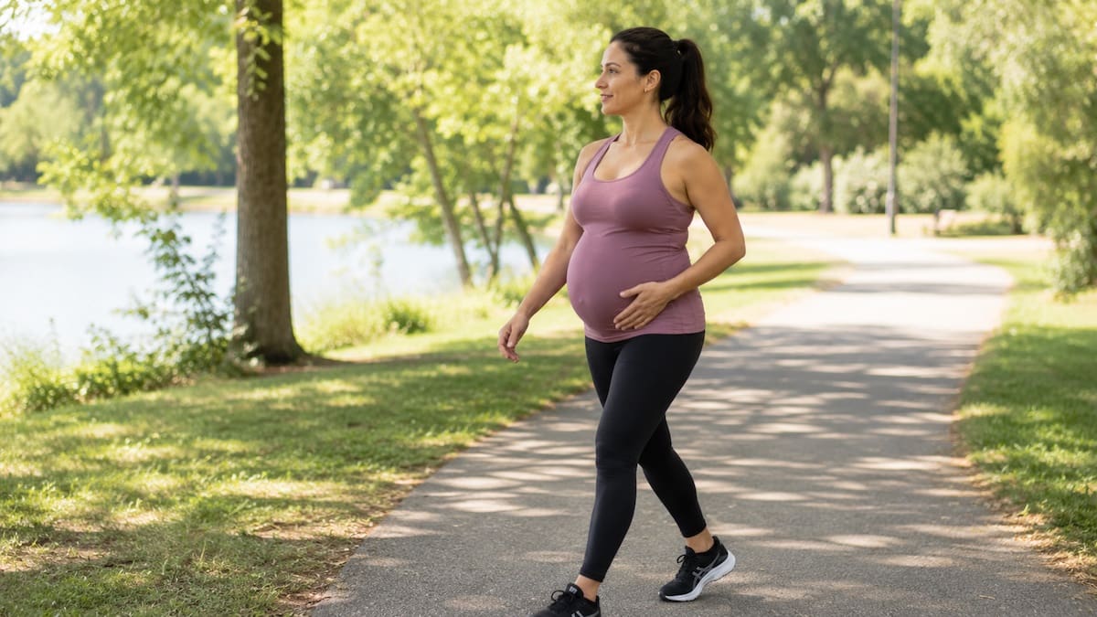 Pregnant woman walking outdoors as a moderate pregnancy exercise option