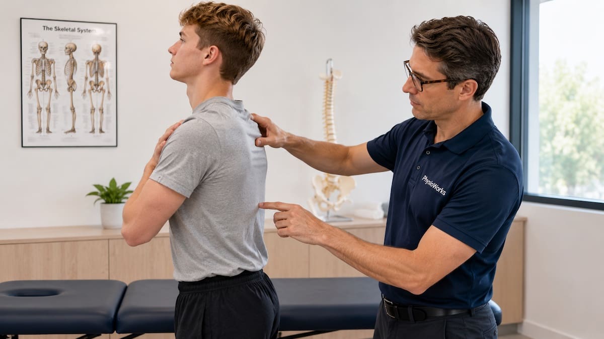 Scheuermann’s disease upper thoracic spine posture assessment with physiotherapist