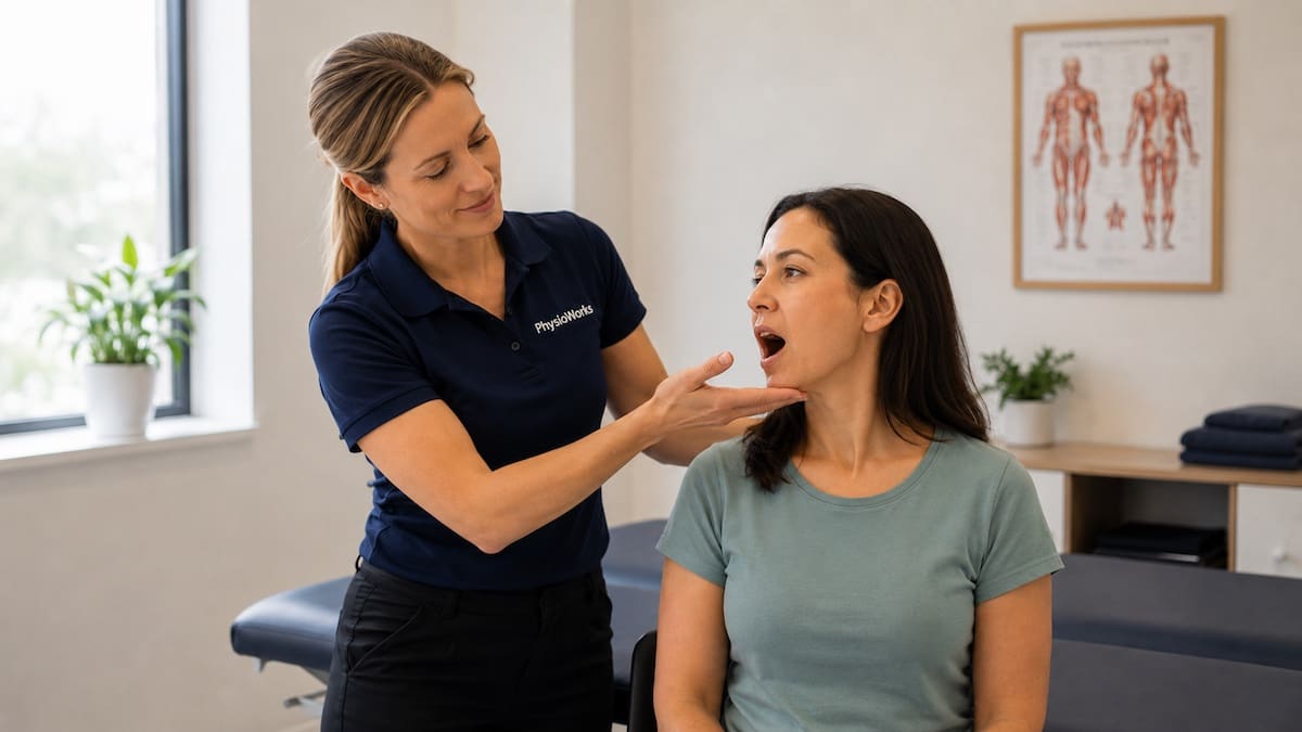 secondary-headache-jaw-upper-neck-movement-demonstration Secondary headache jaw and upper neck movement demonstration with physiotherapist