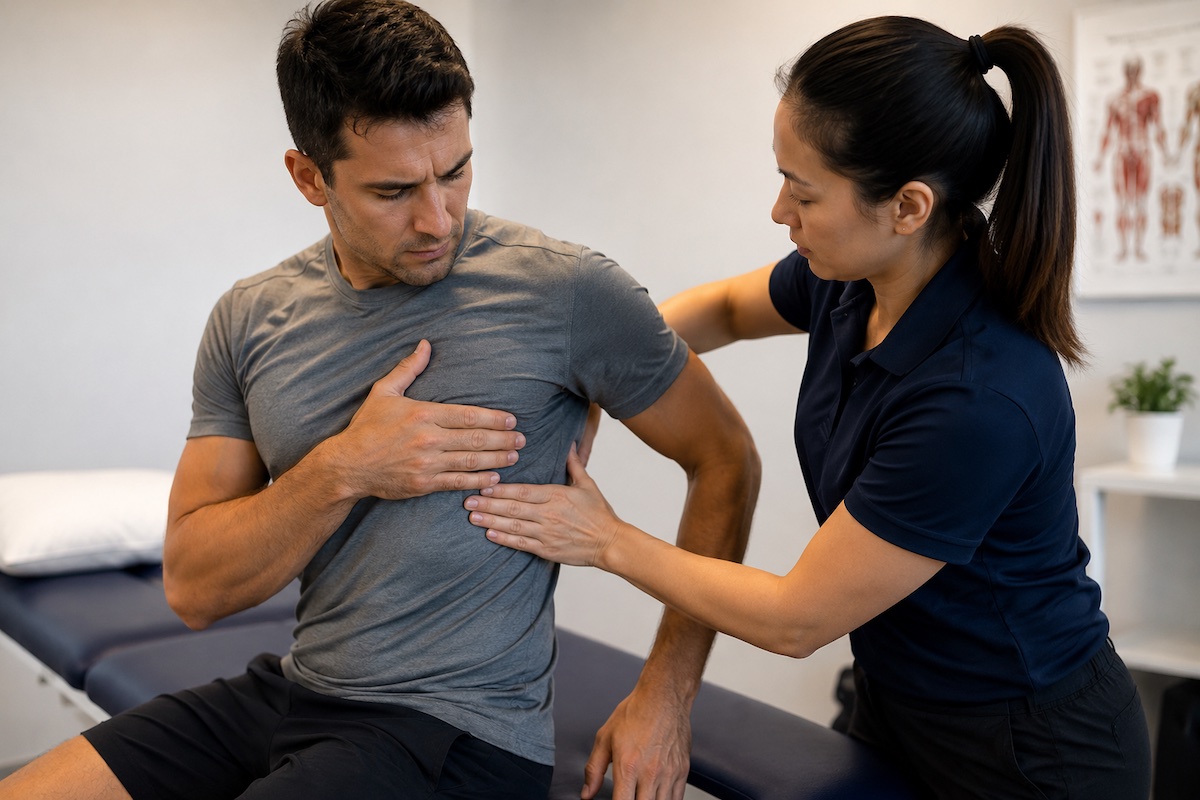 Physiotherapist assessing lower rib side strain in a cricket bowler