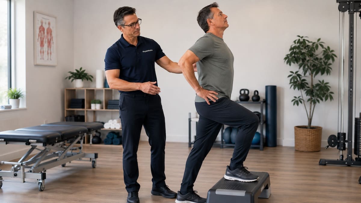 Spondylolisthesis physiotherapy step-up exercise for lumbar load control