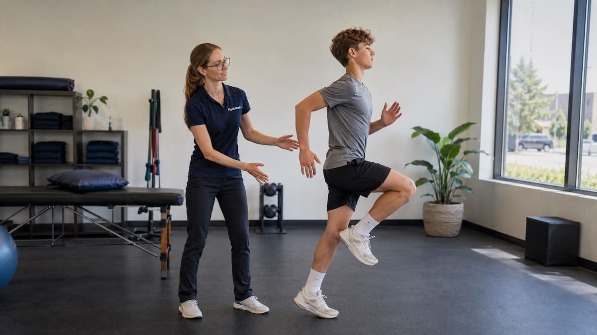 Spondylolysis lumbar spine return-to-running drill with physiotherapist