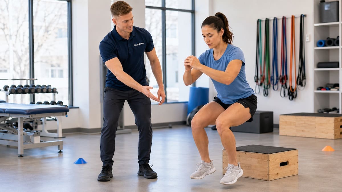 Athlete practising a controlled landing during sports knee rehabilitation