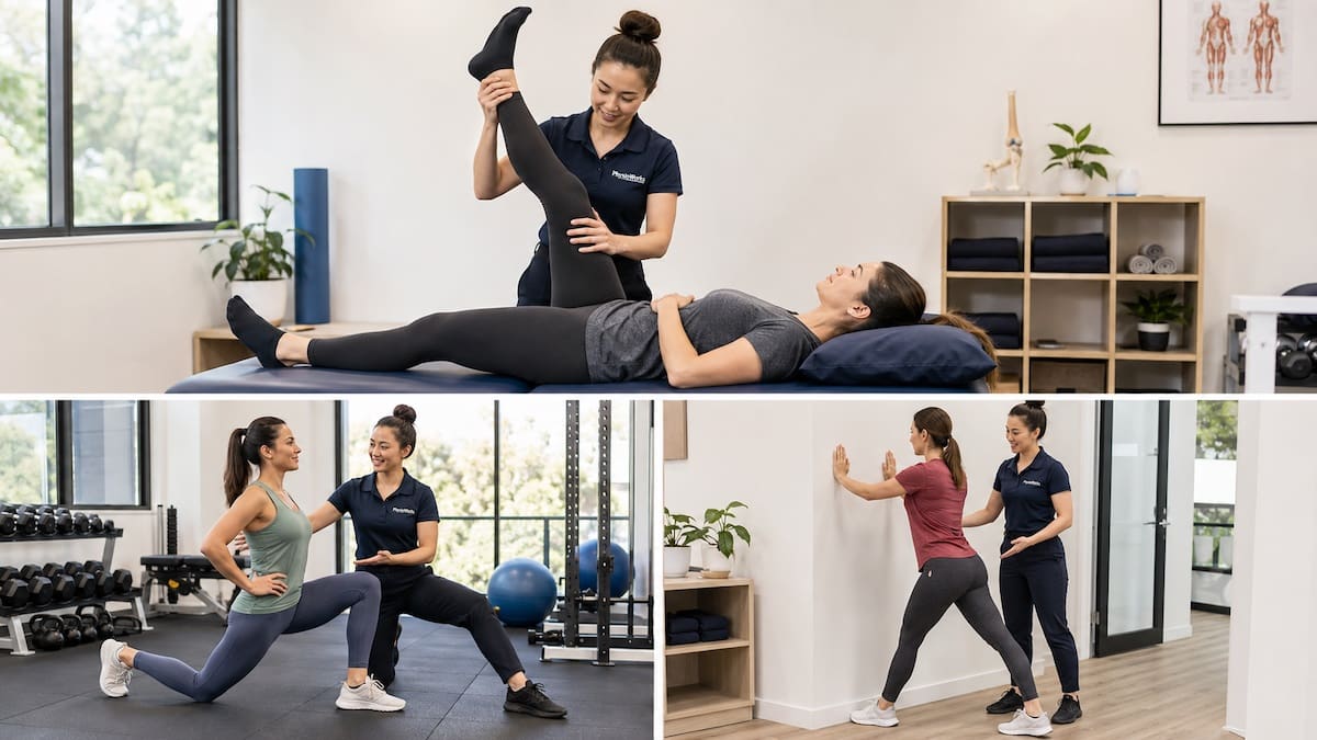 Physiotherapist guided stretching for hamstring hip and calf mobility