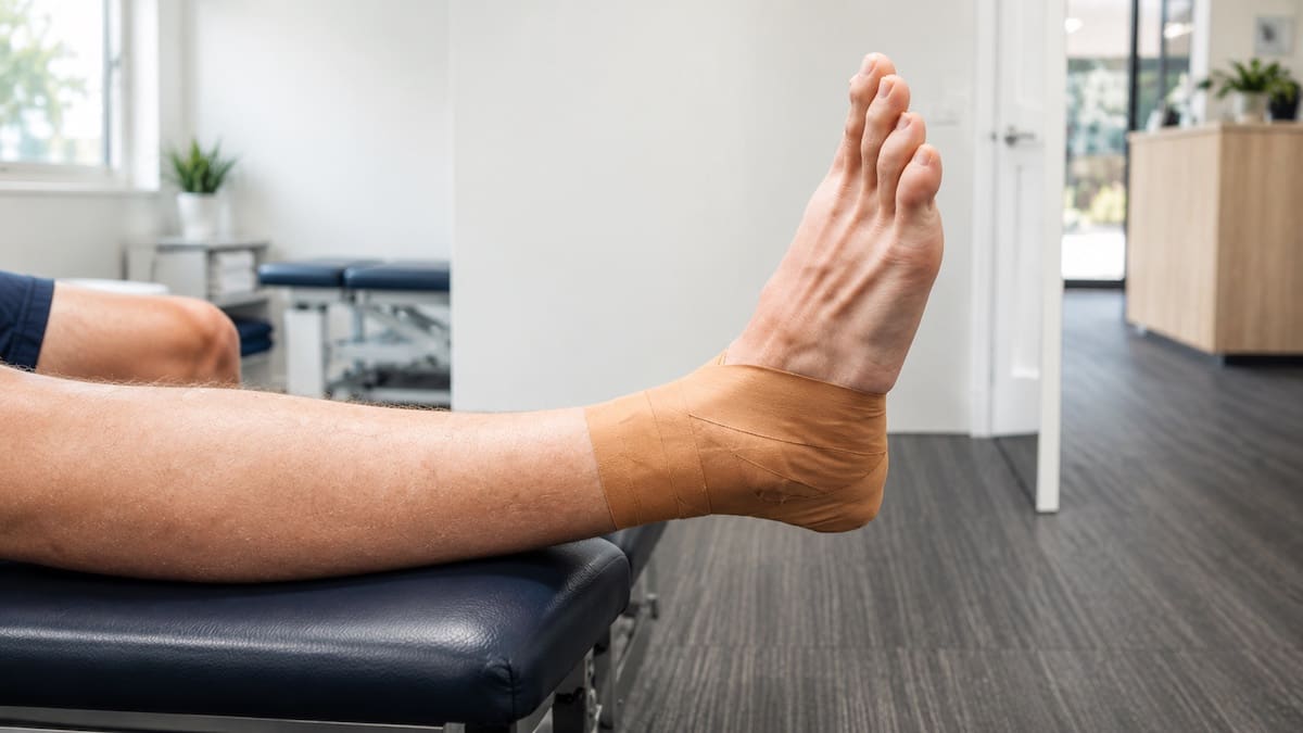 supportive taping and strapping applied to ankle during physiotherapy