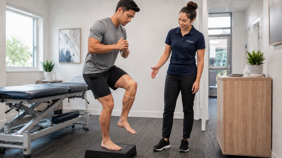 supportive taping and strapping knee step-down exercise with physiotherapist