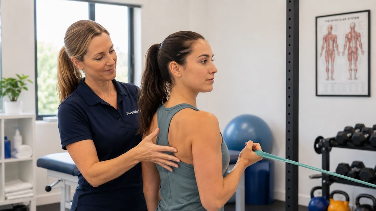 Swimmer’s shoulder physio band exercise for posterior shoulder control