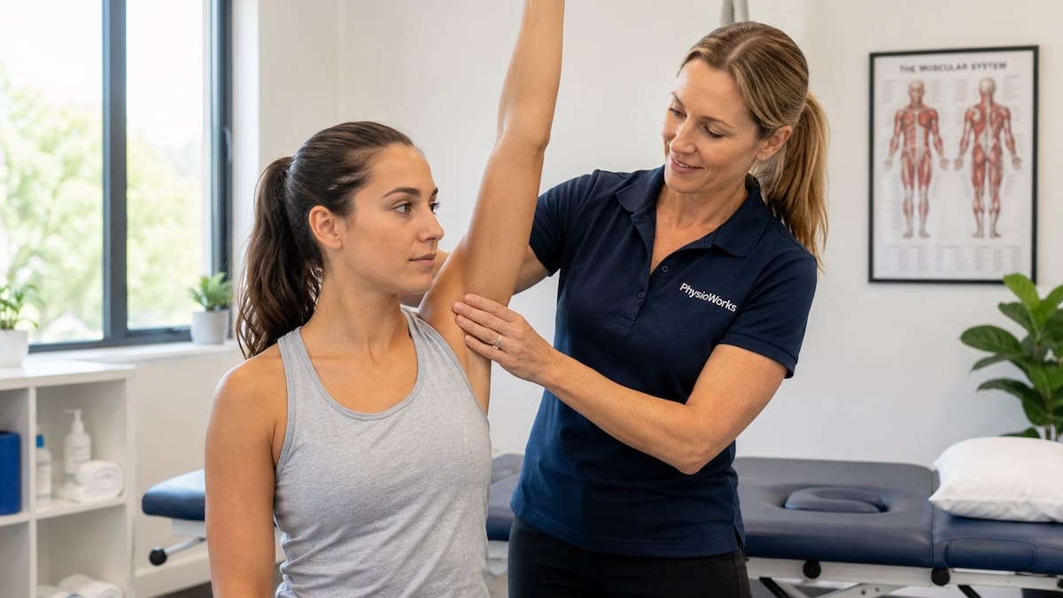 Swimmer’s shoulder physio check of front shoulder during arm lift