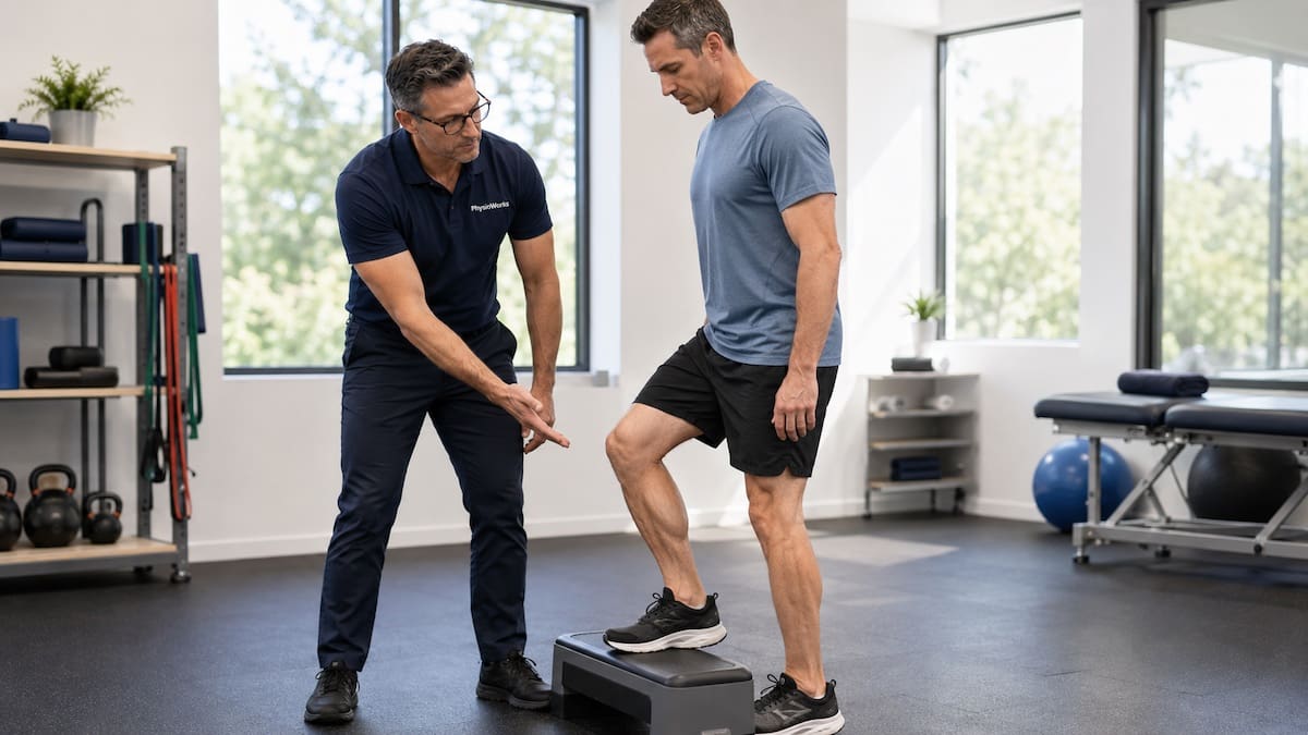 tendon-pain-rehab-achilles-step-down-loading Achilles tendon loading during supervised step-down for tendon pain rehab