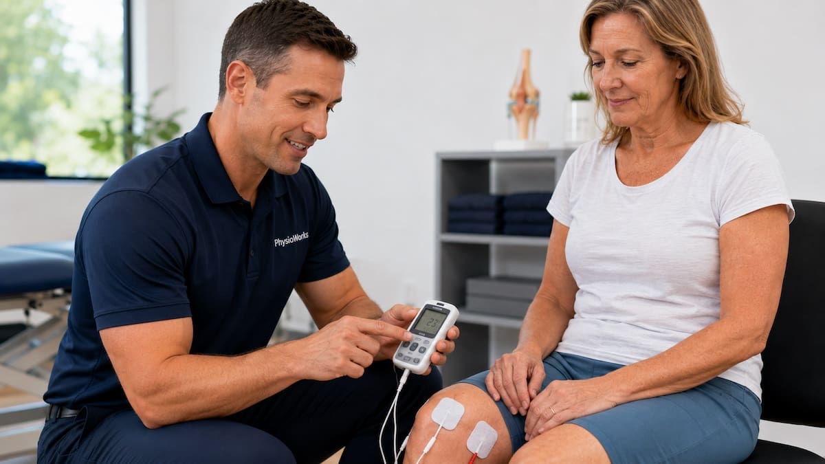 TENS electrode pads positioned around the knee for pain relief