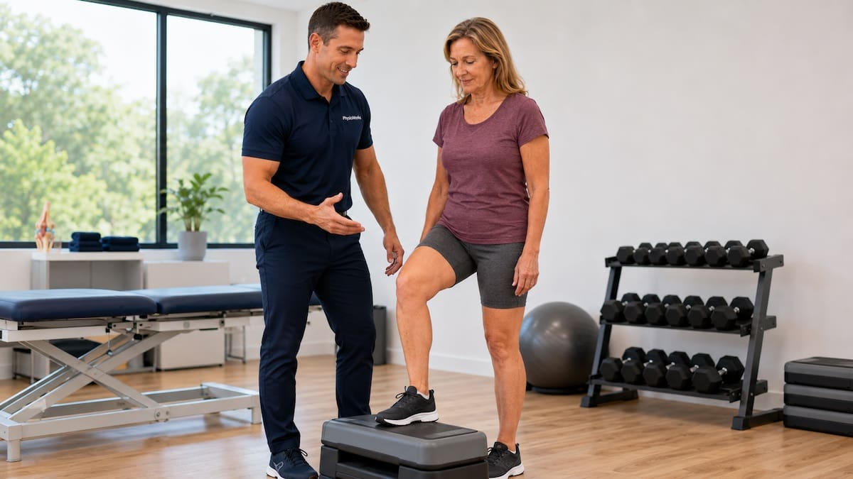 Person completing a step-up exercise while using TENS electrodes around the knee