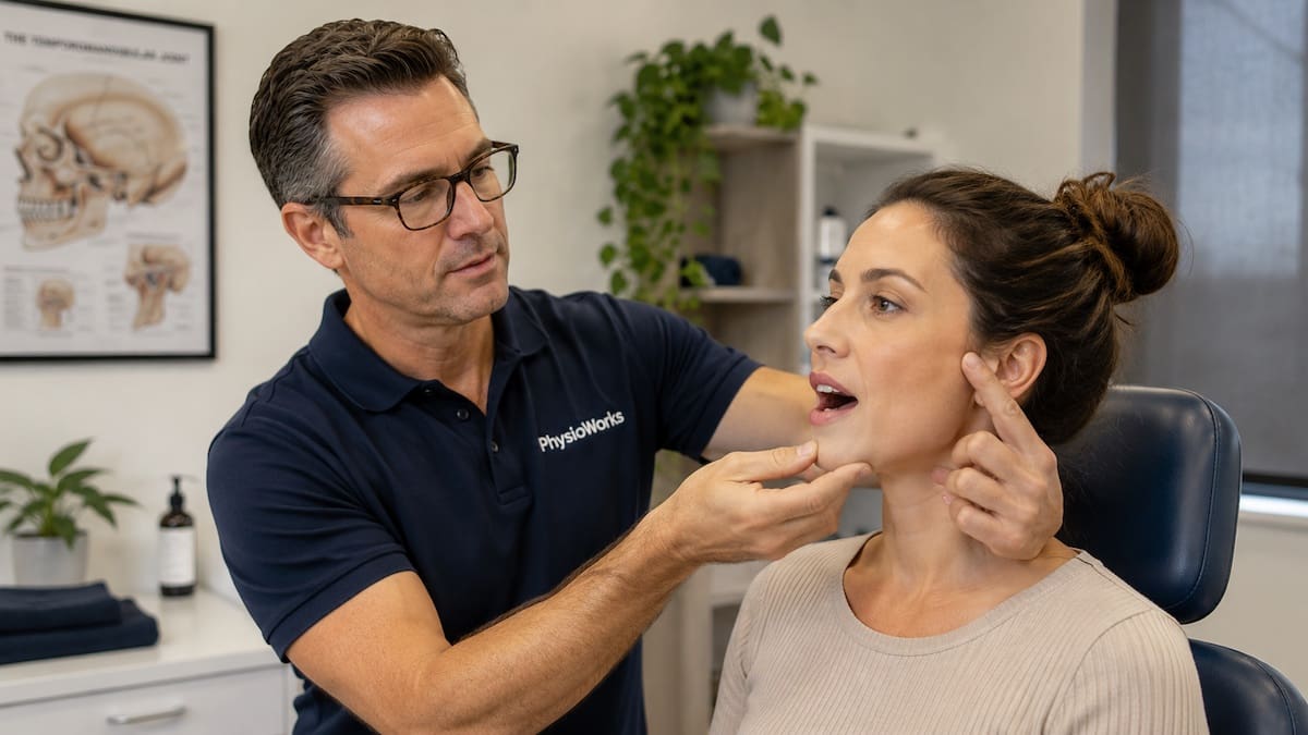 Physiotherapist assessing controlled jaw opening and temporomandibular joint movement