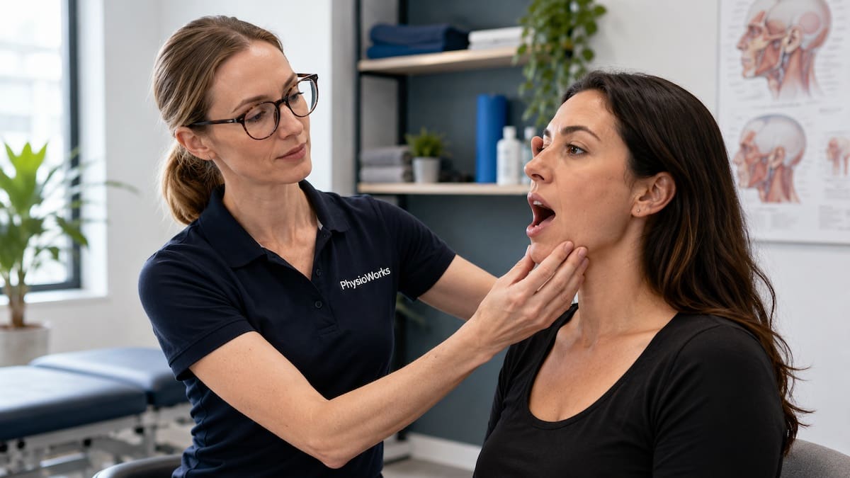 tmj-treatment-jaw-assessment TMJ treatment jaw assessment with physiotherapist guiding jaw movement