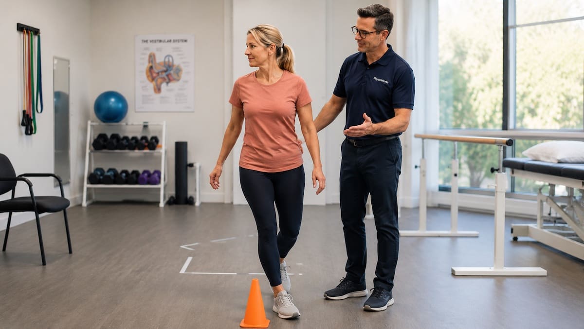 vestibular-rehabilitation-therapy-step-turn-balance Vestibular rehabilitation therapy step and turn drill for daily balance confidence