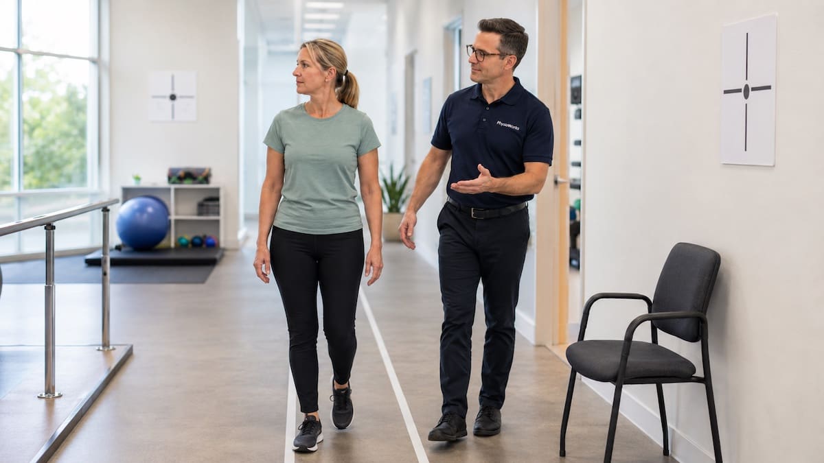 vestibular-rehabilitation-therapy-walking-head-turns Vestibular rehabilitation therapy walking with head turns for balance retraining