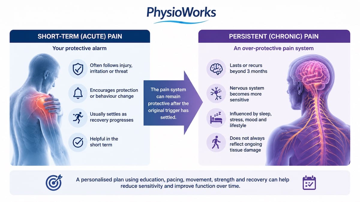 Diagram comparing short-term protective pain with persistent nervous system sensitivity