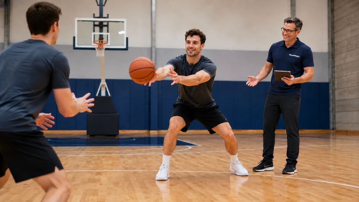 Basketball player passing during a physiotherapy movement assessment