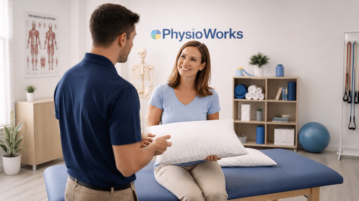 Pillow height and neck alignment discussed during physiotherapy sleep position assessment