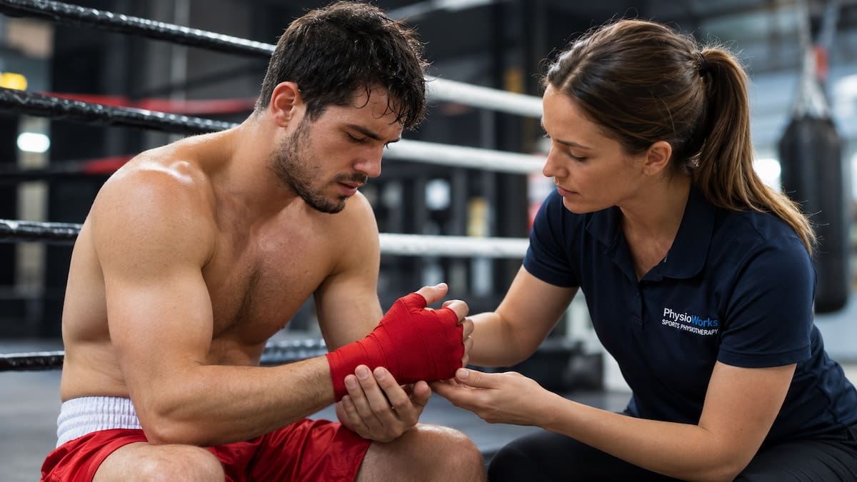 Physiotherapist assessing a boxer’s wrapped wrist after training in a boxing gym
