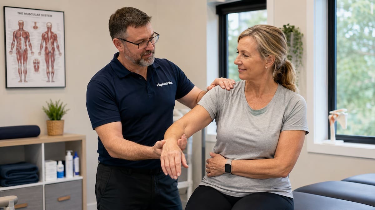 bursitis-treatment-shoulder-assessment Physio assessing outer shoulder movement for bursitis treatment