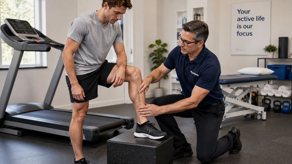 Physiotherapist assessing the anterolateral shin after running for chronic exertional compartment syndrome