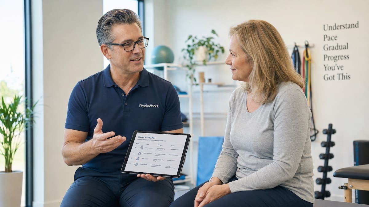 Physiotherapist explaining chronic pain and gradual activity planning with an adult patient