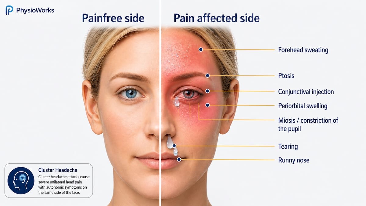 Cluster headache symptoms including eye redness, tearing, sweating, drooping eyelid and nasal congestion