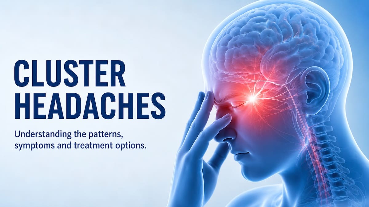 Cluster headache illustration showing severe one-sided pain behind the eye and temple