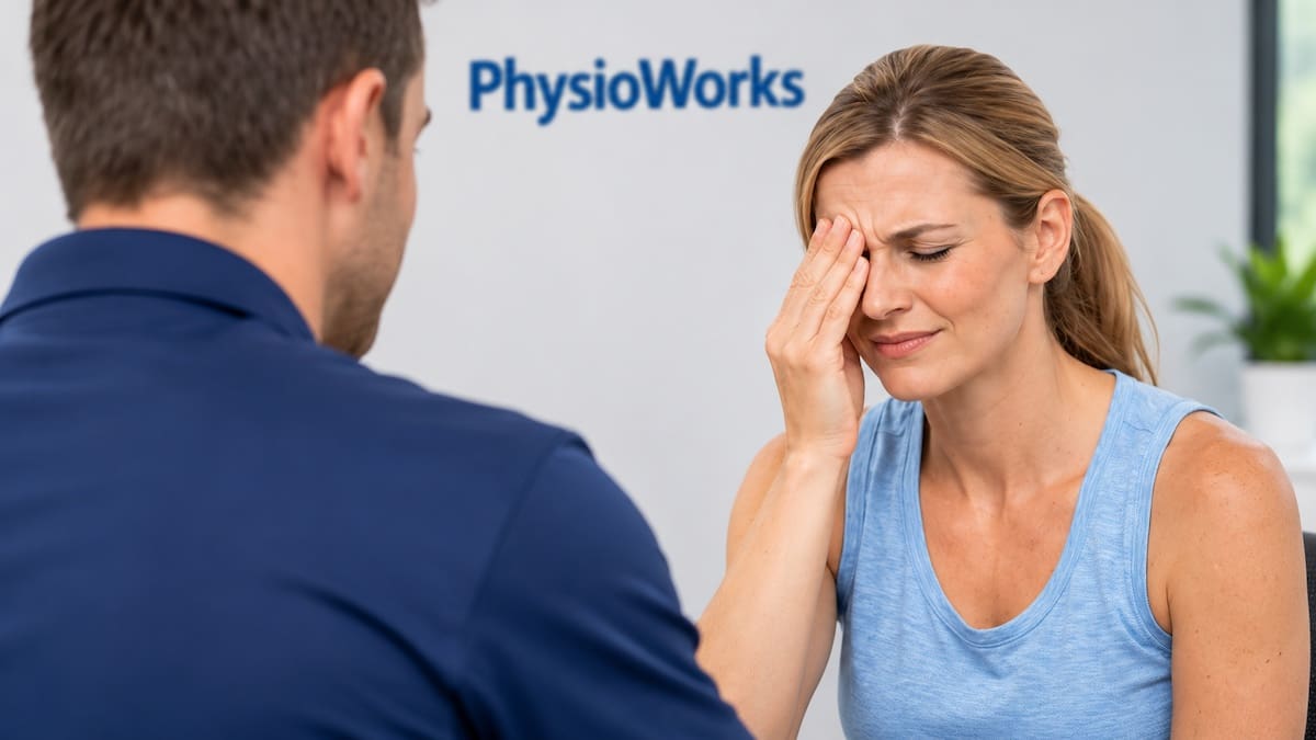 Woman describing severe one-sided eye pain during a cluster headache consultation
