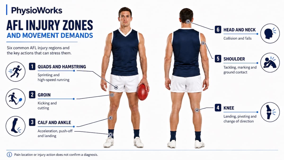 Common AFL injury zones linked with sprinting, kicking, landing and tackling actions