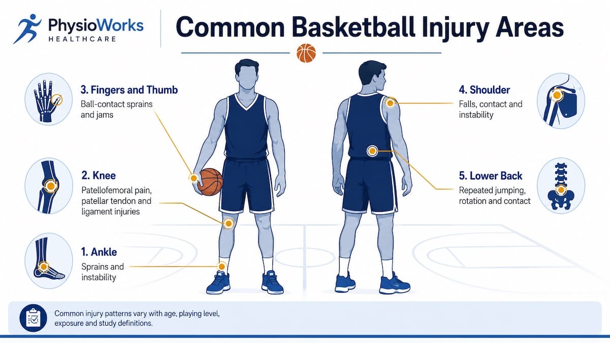 Infographic showing common basketball injury areas