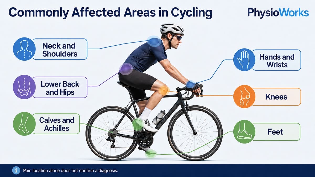 Infographic showing body areas commonly affected by cycling load and riding posture
