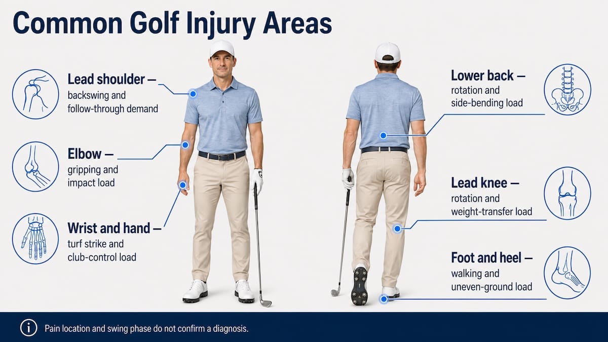 Infographic showing common golf injury areas from the shoulder to the heel