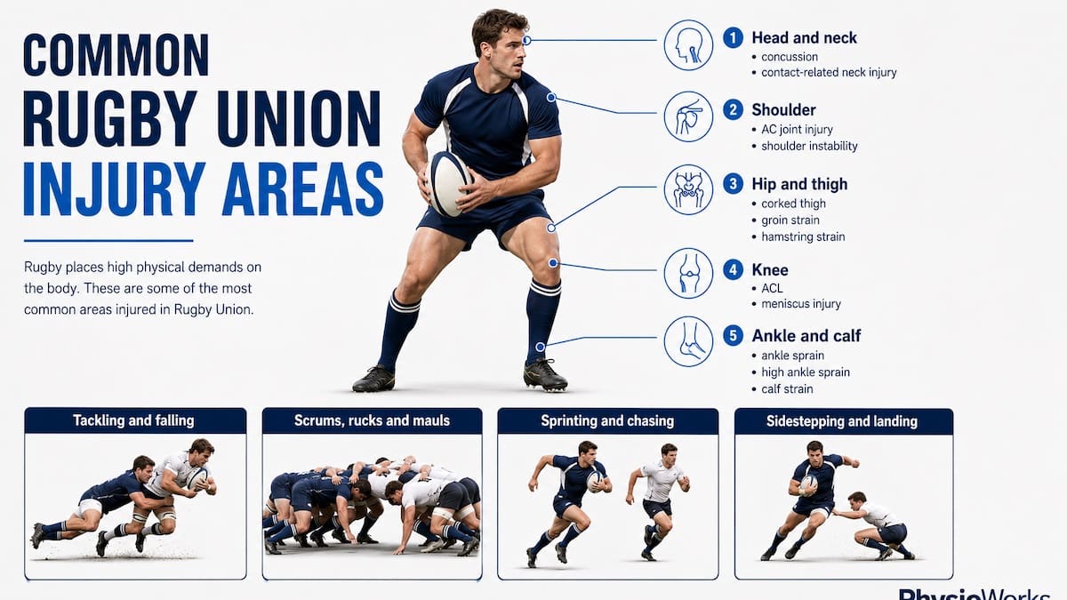 Common rugby union injury areas and playing actions infographic