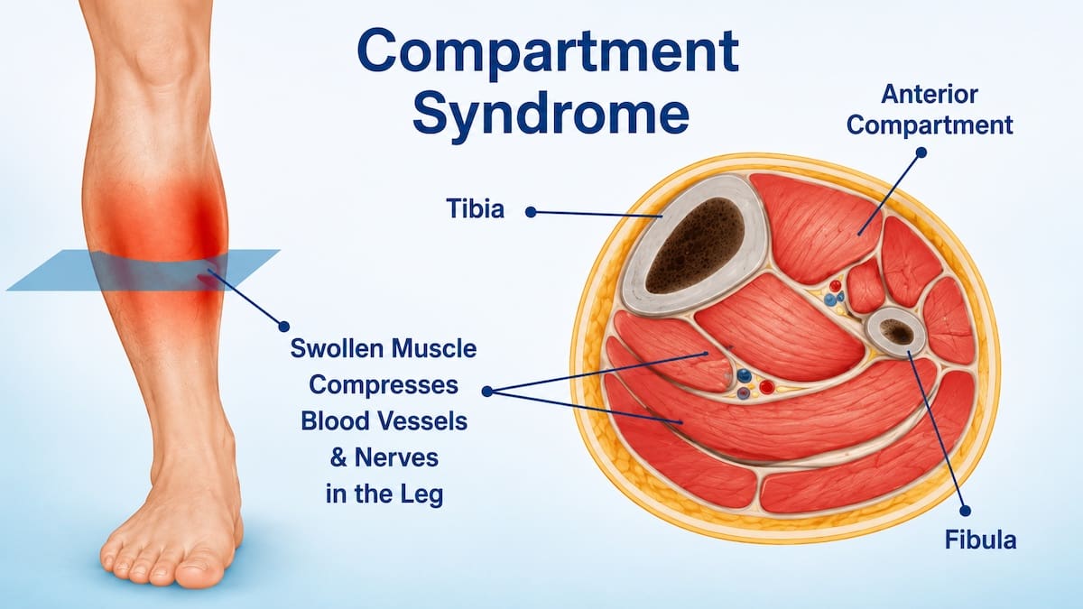 Compartment syndrome anatomy showing pressure around lower-leg muscles nerves and blood vessels