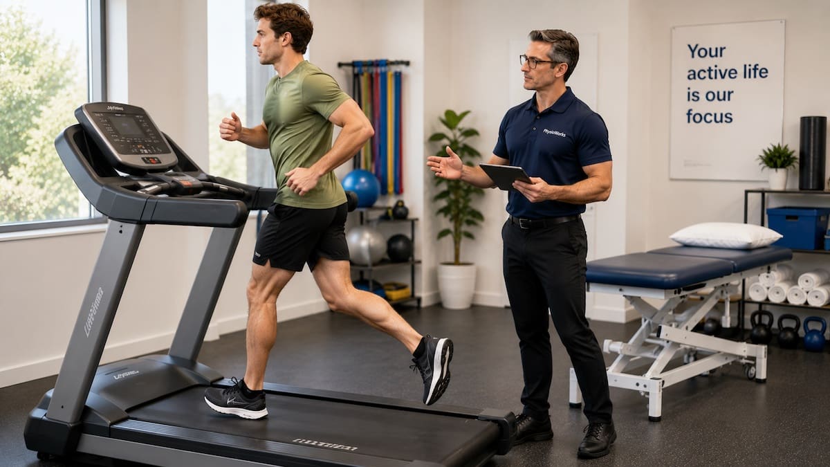 Physiotherapist monitoring treadmill running tolerance during compartment syndrome rehabilitation